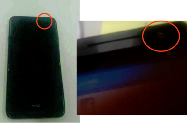 A9으로 알려진 HTC의 최신스마트폰. 지난 주 웨이보에 유출된 HTC의 최신폰 A9모델의 사진(왼쪽)과 1일 유튜브에 올라온 붉은색 원안의 카메라 위치가 같다. 사진=웨이보,유튜브/테크스태틱 