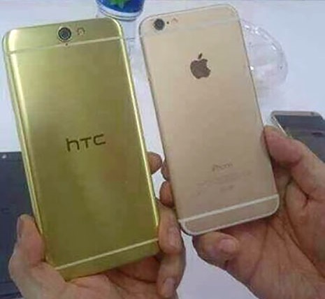 에어로, 또는 A9으로 알려진 HTC의 미공개 최신폰과 아이폰6를 비교한 사진.지난 주 웨이보에 유출됐다. 사진=웨이보 