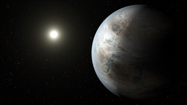 태양을 도는 공전주기 385일에, 지구의 1.6배에 달하는 크기를 가진 지구와 가장 가까운 행성 케플러 452b.일러스트=나사