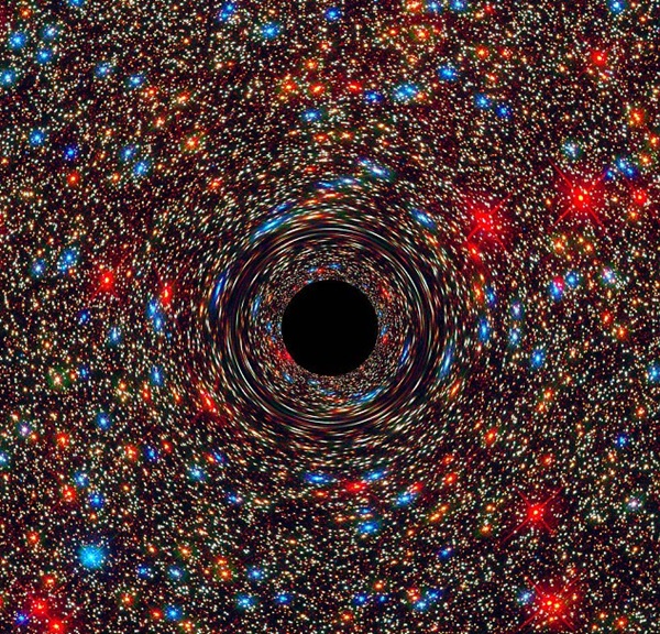 컴퓨터로 시뮬레이션한 은하수 중심에 있는 초거대블랙홀의 이미지. 중앙의 검은 지역이 이른바 사건의 지평선으로서 블랙홀의 강력한 중력의 힘으로 인해 초속 30만km인 빛조차도 빠져나올 수 없는 경계선이다. 사진=나사/ESA/STScI