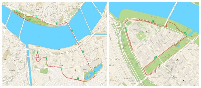좌 : 동아마라톤 10km 코스 / 우: 안전공감 마라톤 대회 코스