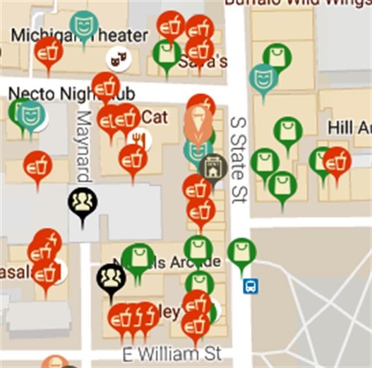 미시간 대학교 근처에 음식점이 많다는 것을 빨간색 표시로 확인할 수 있다