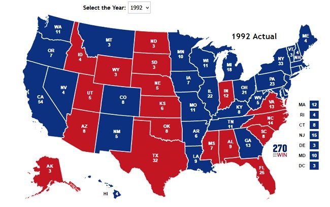 1992년 선거 지도. 1992년 선거에서 민주당 빌 클린턴 후보가 승리한 주는 청색이다. 