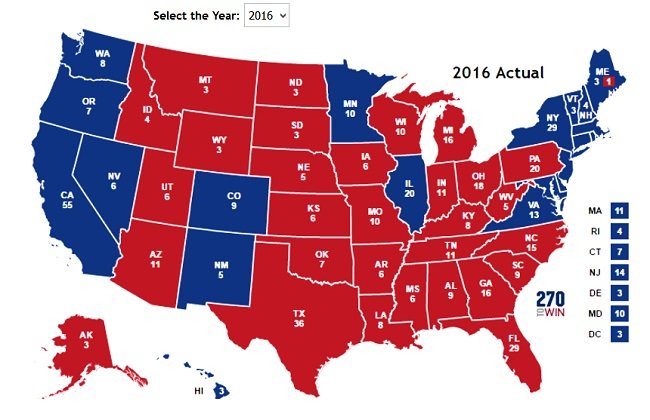 2016년 선거 지도. 2016년 선거에서 민주당 힐러리 클린턴 후보가 승리한 주는 청색이다.