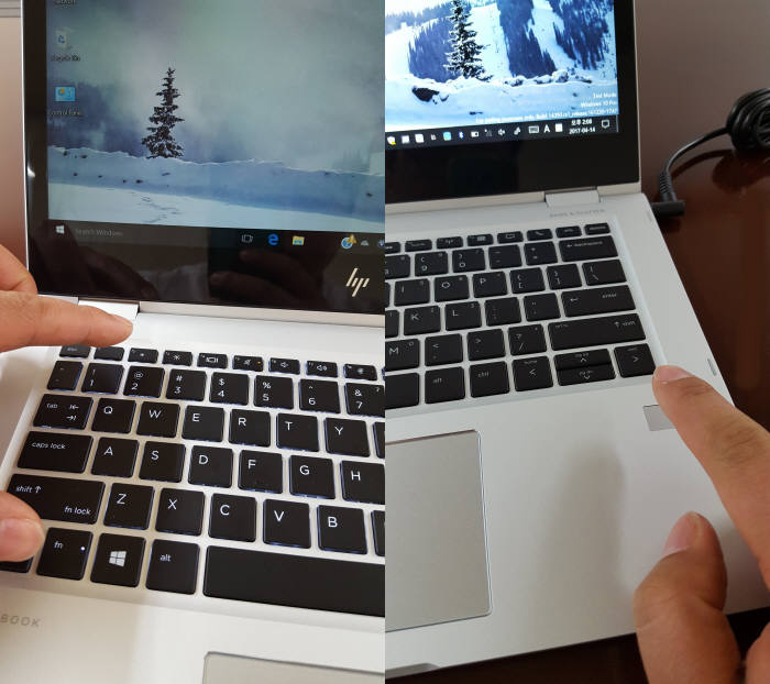 (왼쪽부터)HP 엘리트북 x360 보안의 핵심인 HP 슈어 뷰(HP Sure View) 기능과 지문인식 패드를 사용하는 장면. 사진=황재용기자