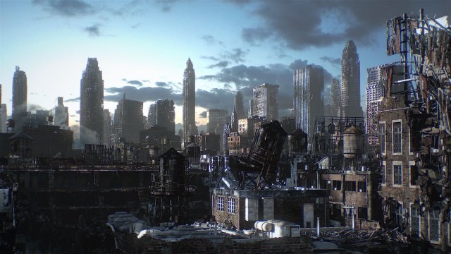 황폐해진 미래의 도시 (자료출처 : 영화 애플시드에서 스크린 캡쳐, 네이버)