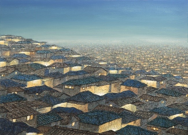 정영주, 도시-사라지는 풍경, 91 x65cm, 캔버스 위에 한지,아크릴릭, 2015