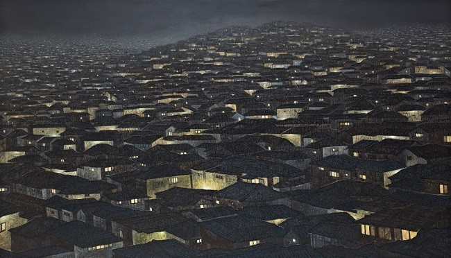 정영주, 도시-사라지는 풍경, 73 x53cm, 캔버스 위에 한지,아크릴릭, 2012 