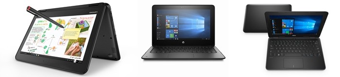 MS 윈도우10S 탑재한 레노버N23, HP 프로북 x360 11EE, 델 래티튜드 3180(좌로부터)
