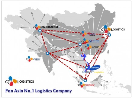 CJ대한통운은 9일 베트남 1위 종합물류기업 '제마뎁(GEMADEPT)'과 물류 및 해운부문 인수를 위한 자본출자협약서를 체결했다고 밝혔다. CJ대한통운의 아시아지역 물류망. 표=CJ대한통운 제공