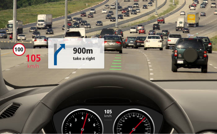 차량용 HUD 시스템은 GNSS 칩, 카메라, 모바일 앱을 통합한 기술로 시각 정보를 실시간으로 제공한다.