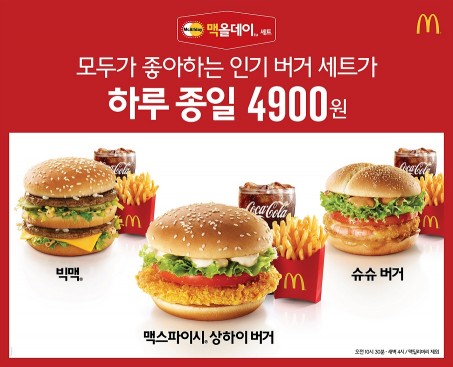 ‘맥도날드’가 인기 버거 제품과 콜라, 후렌치 후라이를 4900원의 저렴한 가격에 맛 볼 수 있는 ‘맥올데이’ 세트에 ‘맥스파이시 상하이 버거’를 추가했다. 사진=맥도날드 제공