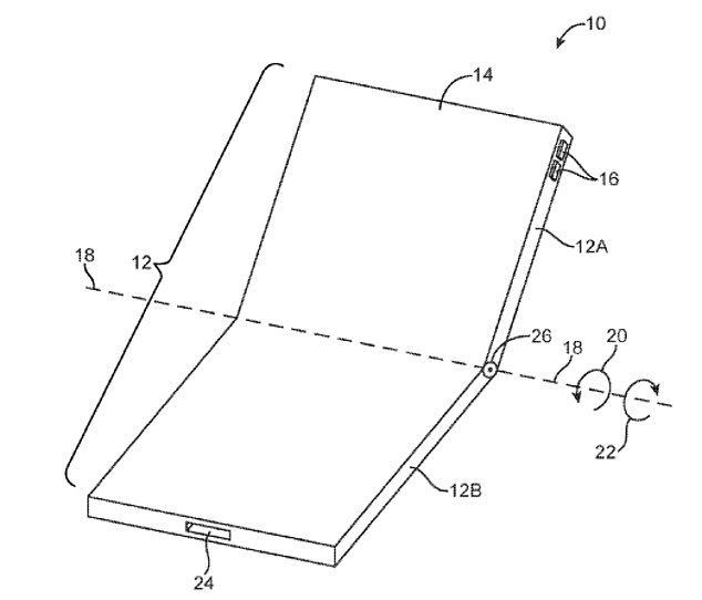 애플이 접이식 폰의 새로운 특허를 출원했다. 특허에서 장치는 가운데 힌지를 통해 플립폰과 유사하게 닫힌 상태로 접힌다.