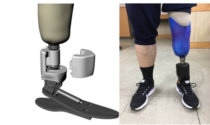 한국기계연구원 대구융합기술연구센터 우현수 의료지원로봇연구실장 연구팀이 개발. 상용화에 성공한 스마트 로봇의족 개념도(왼쪽). 실제 출시되는 제품 사진(오른쪽) 의족을 착용.