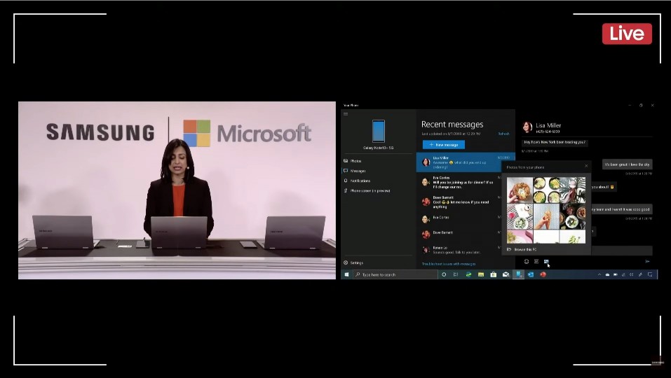 MS의 실파 라그나탄(Shilpa Ragnathan) Corporate VP가 윈도 10에서 노트10와 연동한 삼성 덱스를 시연하고 있다. [사진=삼성전자]