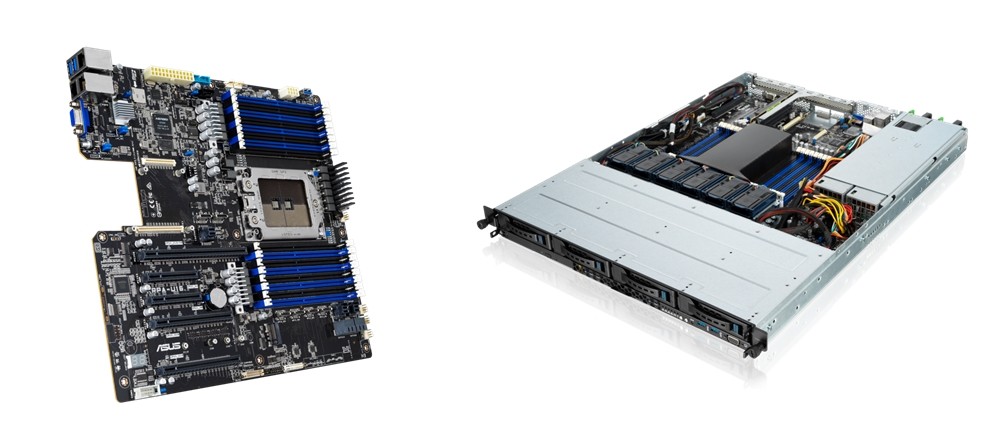 에이수스S KRPA-U16 서버 메인보드(왼쪽)와 RS500A-E10 시리즈 서버 [사진=에이수스코리아]