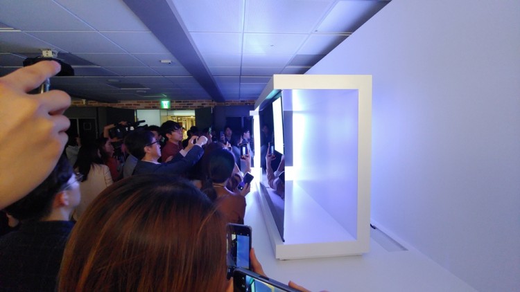 17일 서울 여의도 LG트윈타워에서 열린 LG전자 디스플레이 기술설명회에서 LG전자가 패널 뒷면에 아무 것도 없이 자체 발광하는 OLED 패널을 설명한 구조물을 전시하고 있다.