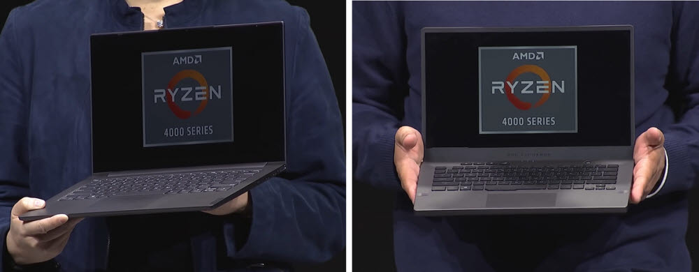 CES 2020 AMD 키노트 연설에서 공개된 울트라노트북 레노버 요가 슬림7(왼쪽)과 게이밍 노트북 에이수스 ROG 제피루스 G14 모두 이전 세대보다 작고 가볍고 강력해졌다. [사진=AMD]