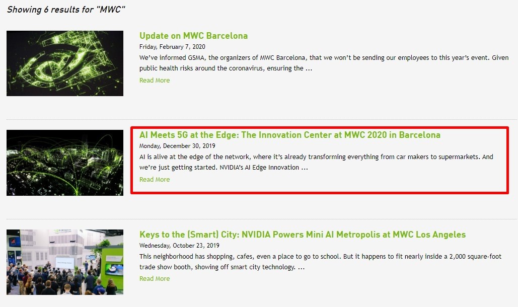 MWC 키워드로 검색되는 엔비디아가 지난해 12월 30일에 게재했던 MWC 2020 참가 소식. 현재 이 게시물 클릭시 참가 취소 결정 게시글로 자동 이동된다. [출처=엔비디아]