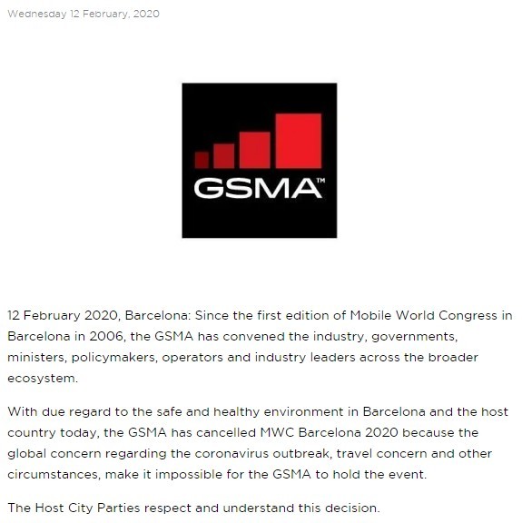 세계이동통신사업자연합회(GSMA)는 12일(현지시간) 홈페이지 뉴스룸을 통해 MWC 2020 취소 결정을 발표했다. [출처=GSMA]