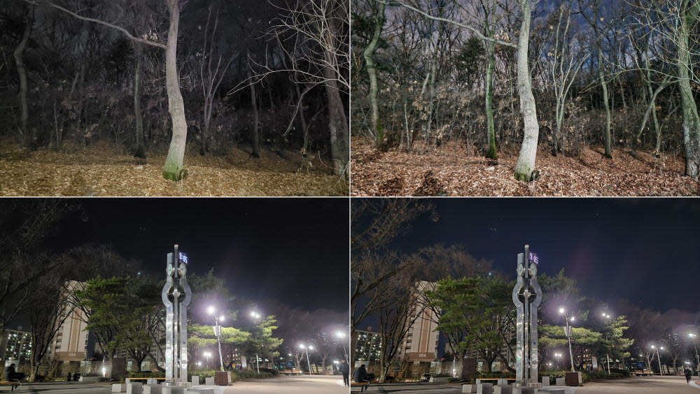 S20 울트라의 일반촬영(왼쪽)과 야간모드로 촬영한 이미지 비교. 야간모드 촬영이 일반 촬영보다 훨씬 밝고 색상처리가 선명하다. 야간모드는 사진만 촬영할 수 있다.