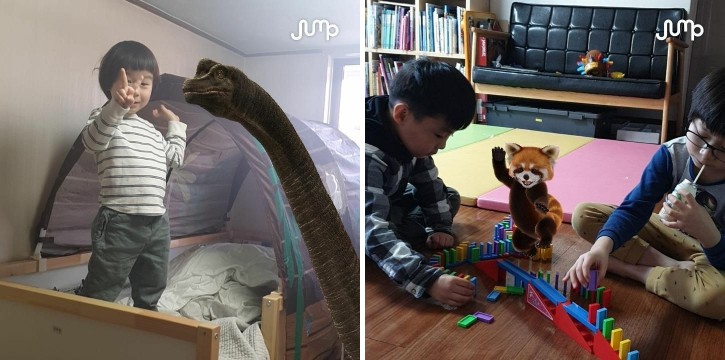 코로나19로 집에 있는 어린이들이 귀여운 AR 동물을 배경으로 개성 있는 사진을 올리고 있다. [사진=SK텔레콤]