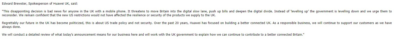 영국 화웨이 대변인 에드워드 브루스터의 영국 5G 네트워크 내 화웨이 장비 금지 결정 관련 공식 입장문