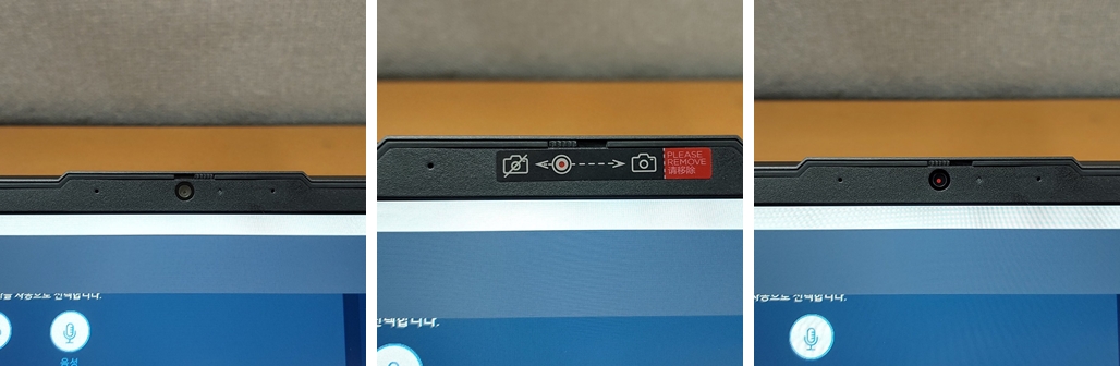 상단 베젤 정 가운데 위치한 웹캠에는 빨간 점이 찍힌 물리적 차단 장치가 달려 있다.