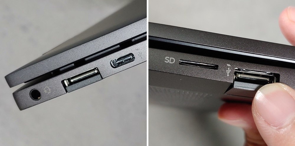 본체 왼쪽에 달려있는 USB-C 단자는 PD 고속충전까지 지원한다고 한다. USB-A 단자는 전작처럼 하단 가림막이 달렸다.