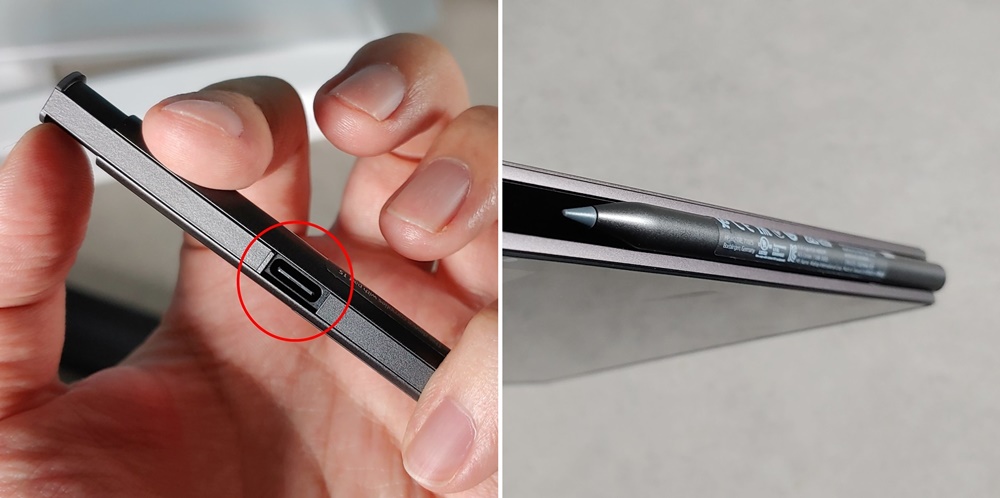 (왼쪽)젠보 펜의 펜촉 반대편 끝을 밀어 올리면 USB-C 단자를 확인할 수 있다. (오른쪽)본체 모서리에는 자석으로 붙일 수가 있어, 휴대가 편하다.