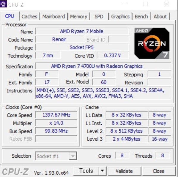 CPU-Z를 이용해 확인한 레노버 요가슬림 7의 사양