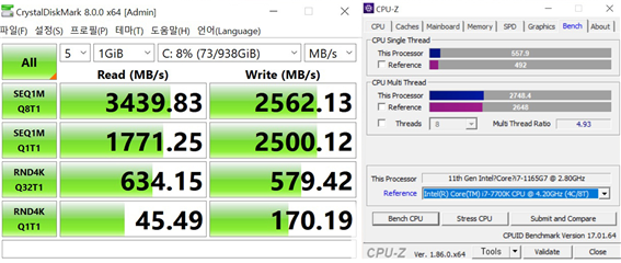 저장장치 속도와 CPU-Z 벤치 점수