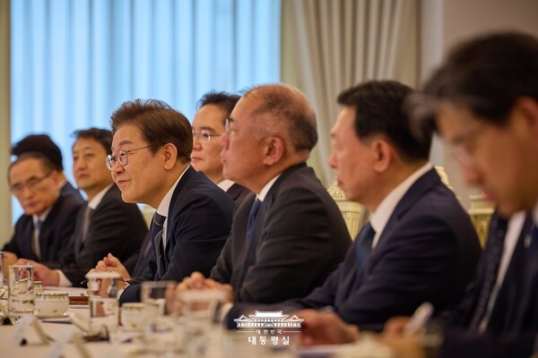 이 대통령과 기업총수들이 지난 13일에 열린 경제6단체와 기업인 간담회에서 회의를 하고 있는 모습. 출처=대통령실