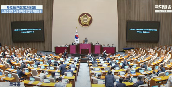 24일 국회 본회의에서 노란봉투법이 가결 통과됐다. 출처=국회방송 캡처 화면