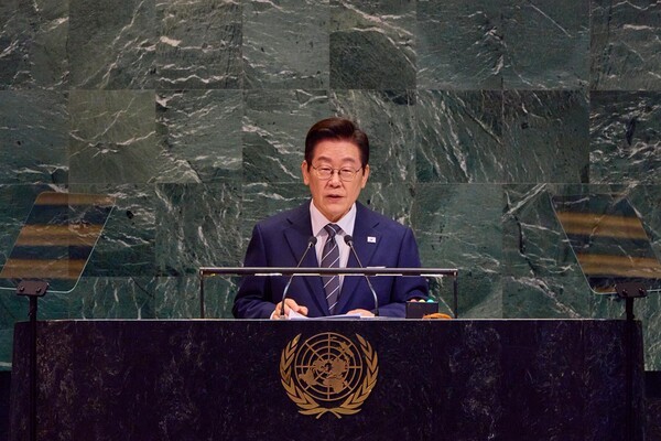 유엔총회에서 기조연설하고 있는 이재명 대통령 사진_대통령실